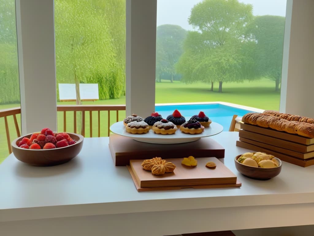  An ultradetailed image of a serene, modern kitchen with sleek white countertops, a minimalist wooden table adorned with freshly baked vegan organic pastries, a stack of recipe books on the side, and natural light streaming in through a large window, casting a soft glow over the scene. hyperrealistic, full body, detailed clothing, highly detailed, cinematic lighting, stunningly beautiful, intricate, sharp focus, f/1. 8, 85mm, (centered image composition), (professionally color graded), ((bright soft diffused light)), volumetric fog, trending on instagram, trending on tumblr, HDR 4K, 8K