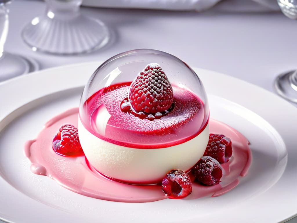  A closeup, photorealistic image of a vibrant raspberry mousse encapsulated in a delicate, transparent sphere, showcasing the molecular gastronomy technique used to create innovative textures. The sphere sits on a pristine white plate, with a soft focus background highlighting the meticulous details of the dessert. The glossy surface of the sphere reflects the surrounding light, emphasizing the precision and artistry behind modern culinary techniques. hyperrealistic, full body, detailed clothing, highly detailed, cinematic lighting, stunningly beautiful, intricate, sharp focus, f/1. 8, 85mm, (centered image composition), (professionally color graded), ((bright soft diffused light)), volumetric fog, trending on instagram, trending on tumblr, HDR 4K, 8K