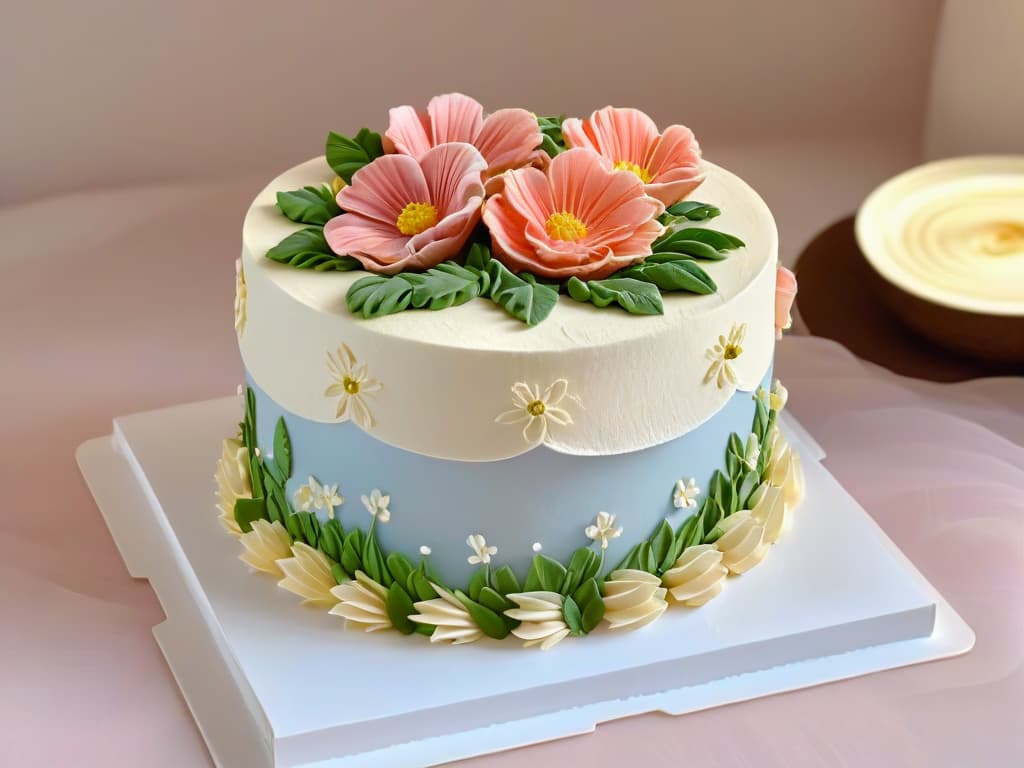  An ultradetailed closeup image of Peggy Porschen meticulously piping delicate floral designs onto a pastelhued cake, showcasing her precision and artistry in classic pastry decoration. The focus is on her hands, capturing every intricate movement as she adds the final touches to a masterpiece, with soft natural lighting enhancing the beauty of the scene. hyperrealistic, full body, detailed clothing, highly detailed, cinematic lighting, stunningly beautiful, intricate, sharp focus, f/1. 8, 85mm, (centered image composition), (professionally color graded), ((bright soft diffused light)), volumetric fog, trending on instagram, trending on tumblr, HDR 4K, 8K