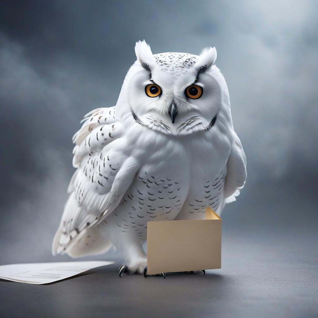  A white owl with an envelope in its claws. hyperrealistic, full body, detailed clothing, highly detailed, cinematic lighting, stunningly beautiful, intricate, sharp focus, f/1. 8, 85mm, (centered image composition), (professionally color graded), ((bright soft diffused light)), volumetric fog, trending on instagram, trending on tumblr, HDR 4K, 8K