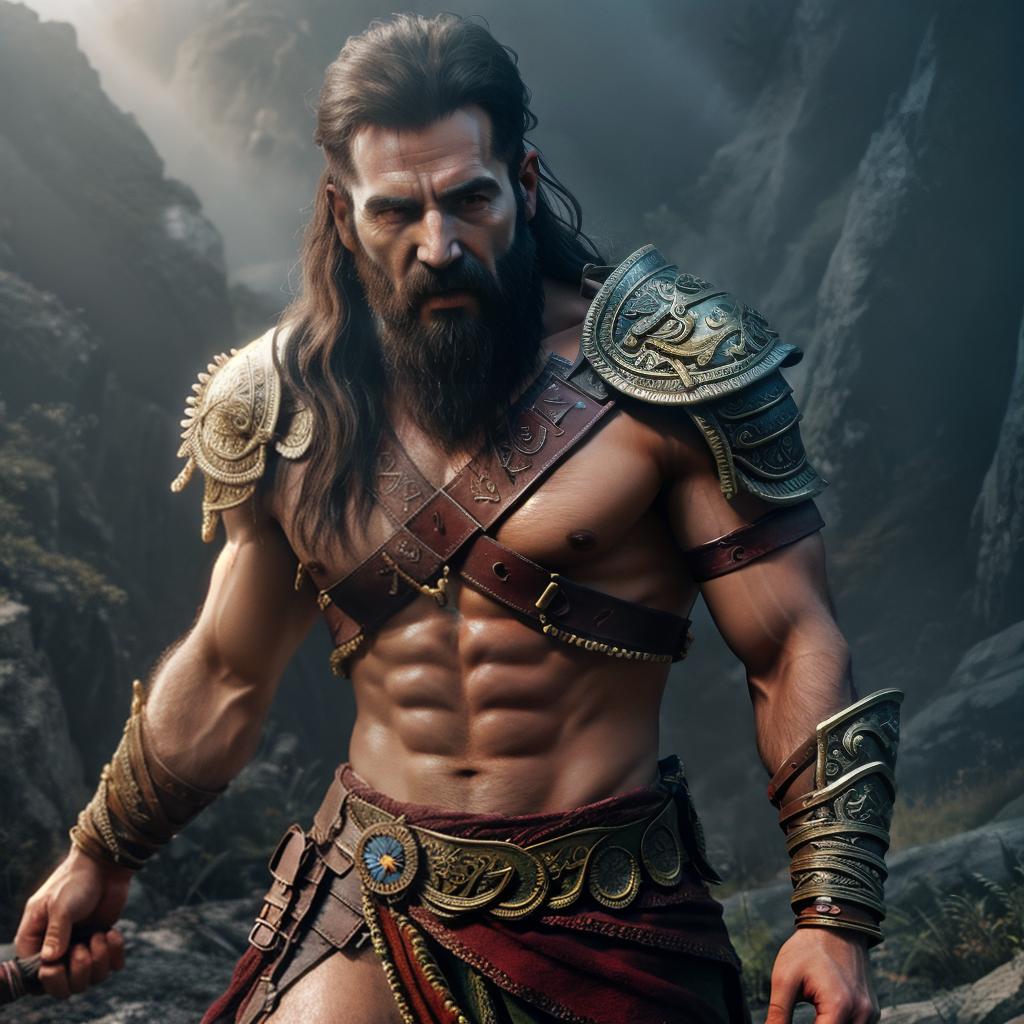  God of war hyperrealistic, full body, detailed clothing, highly detailed, cinematic lighting, stunningly beautiful, intricate, sharp focus, f/1. 8, 85mm, (centered image composition), (professionally color graded), ((bright soft diffused light)), volumetric fog, trending on instagram, trending on tumblr, HDR 4K, 8K