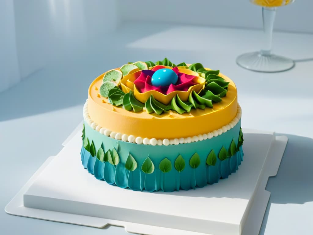  A minimalist image of an intricately designed cake with vibrant colors and geometric patterns, showcasing the fusion of traditional and creative elements in contemporary pastry art. The cake is elegantly displayed on a simple white platter, emphasizing the intricate details and artistic flair of the dessert. hyperrealistic, full body, detailed clothing, highly detailed, cinematic lighting, stunningly beautiful, intricate, sharp focus, f/1. 8, 85mm, (centered image composition), (professionally color graded), ((bright soft diffused light)), volumetric fog, trending on instagram, trending on tumblr, HDR 4K, 8K