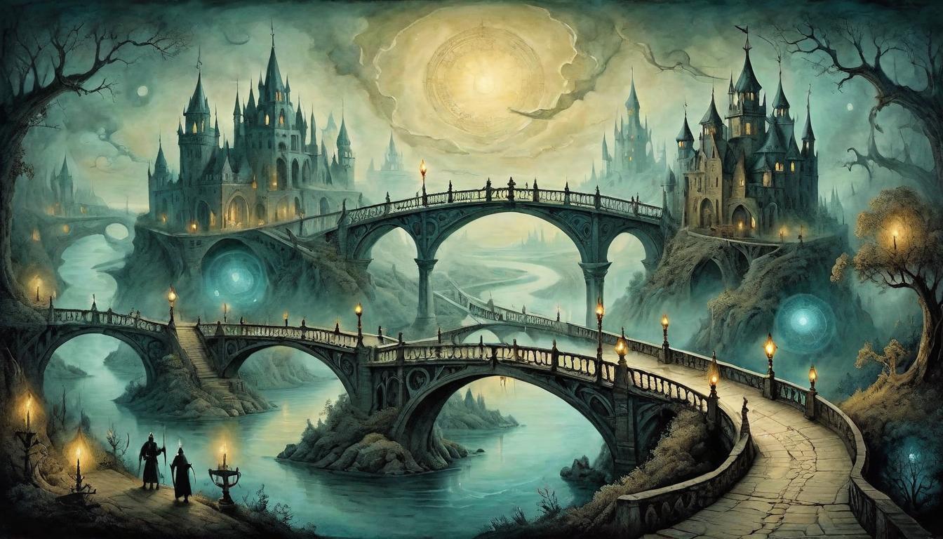  on parchment, surrealism+++, Bridges connecting distant points, each glowing with opportunity, creating network(mysterious, provocative, symbolic,muted color)+++