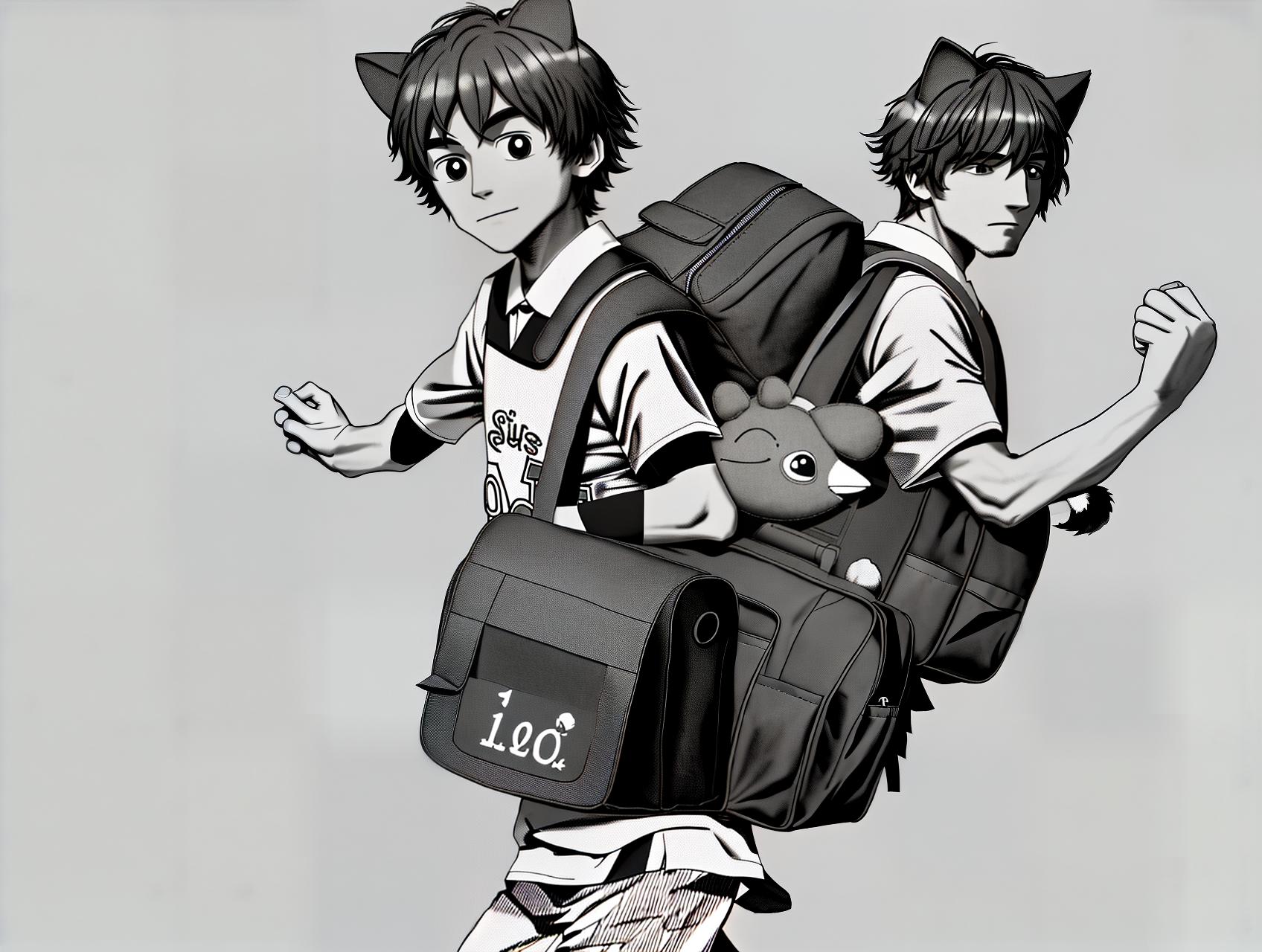  mascot, best quality, an animal mascot, wearing a short-sleeved T-shirt with the number 10 on it, carrying a schoolbag