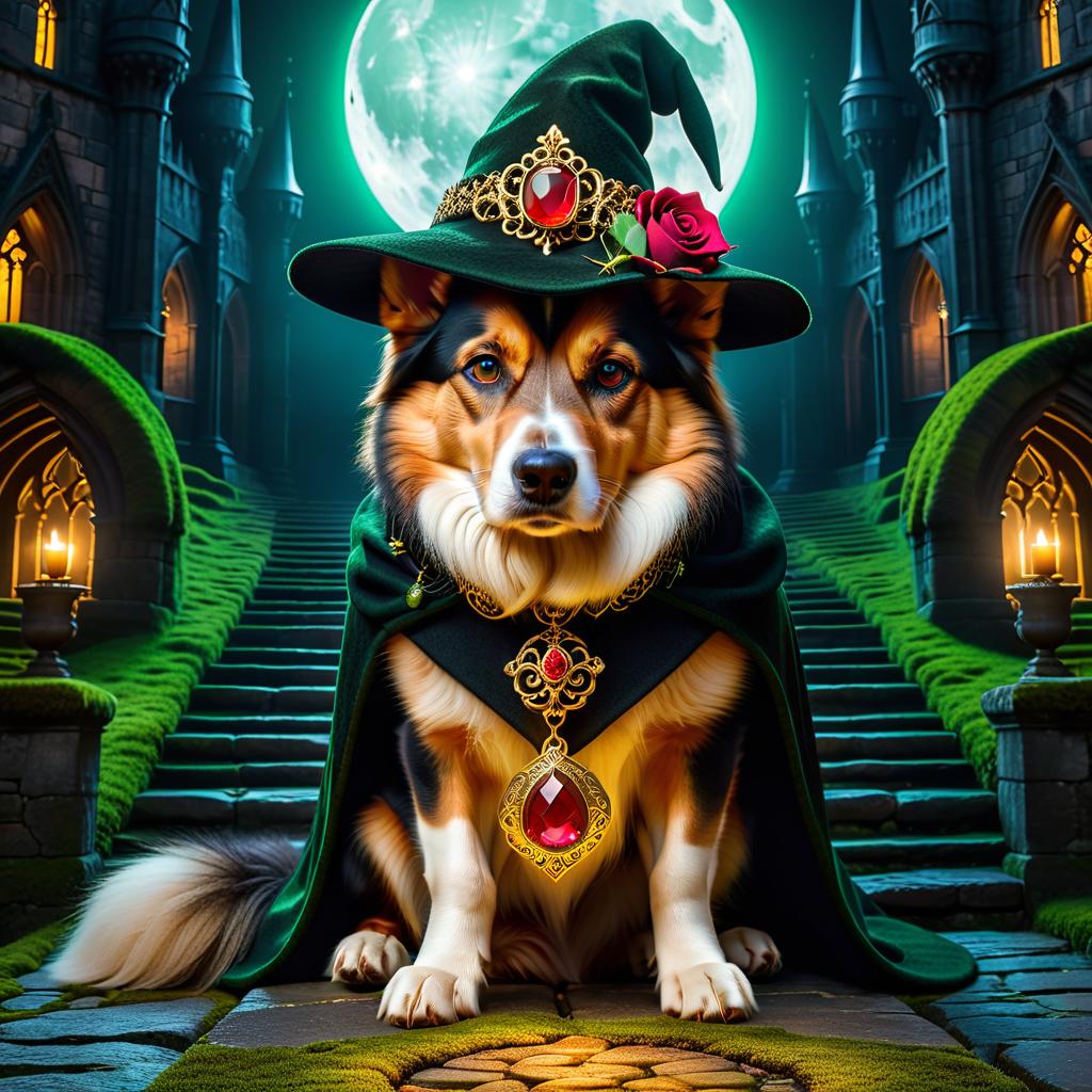  gothic style (Background):Moonlit night spires of an ancient stone building between the stones of which moss grows. At the bottom of a stone staircase, a dog sits on a wide platform. In front of him is a golden magic circle. (Dog): black brown with golden underparts, with green eyes. He is wearing a black cloak with a rose pin. On his head is a hat with a gold buckle and a red rosebud. Around his neck is a golden magic pendant with a red gemstone. Translated with DeepL.com (free version) . dark, mysterious, haunting, dramatic, ornate, detailed, hkmagic hyperrealistic, full body, detailed clothing, highly detailed, cinematic lighting, stunningly beautiful, intricate, sharp focus, f/1. 8, 85mm, (centered image composition), (professionally color graded), ((bright soft diffused light)), volumetric fog, trending on instagram, trending on tumblr, HDR 4K, 8K