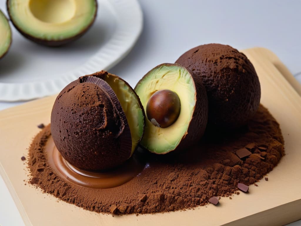  A closeup, ultradetailed image of a rich and creamy chocolate avocado truffle split in half, showcasing the smooth, velvety texture of the mixture. The truffle is elegantly dusted with cocoa powder and garnished with a single sliver of ripe avocado on top, emphasizing the fusion of flavors and the highquality ingredients used in the recipe. The lighting is soft, casting a gentle shadow beneath the truffle, and the background is a simple, neutral surface to keep the focus solely on the exquisite dessert. hyperrealistic, full body, detailed clothing, highly detailed, cinematic lighting, stunningly beautiful, intricate, sharp focus, f/1. 8, 85mm, (centered image composition), (professionally color graded), ((bright soft diffused light)), volumetric fog, trending on instagram, trending on tumblr, HDR 4K, 8K