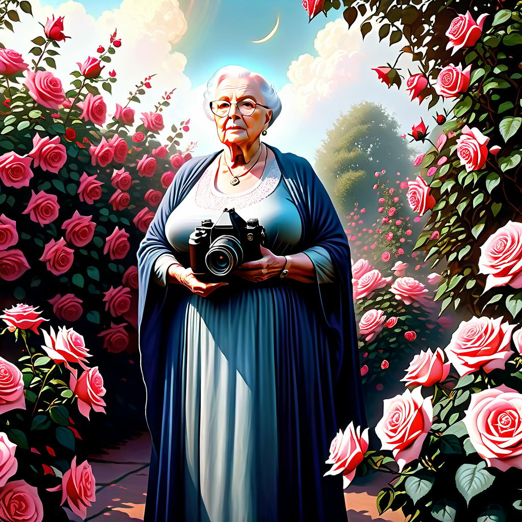  ethereal fantasy concept art of A plump, very kind elderly woman, a bald brunette with a camera, stands in the rose bushes, . magnificent, celestial, ethereal, painterly, epic, majestic, magical, fantasy art, cover art, dreamy hyperrealistic, full body, detailed clothing, highly detailed, cinematic lighting, stunningly beautiful, intricate, sharp focus, f/1. 8, 85mm, (centered image composition), (professionally color graded), ((bright soft diffused light)), volumetric fog, trending on instagram, trending on tumblr, HDR 4K, 8K