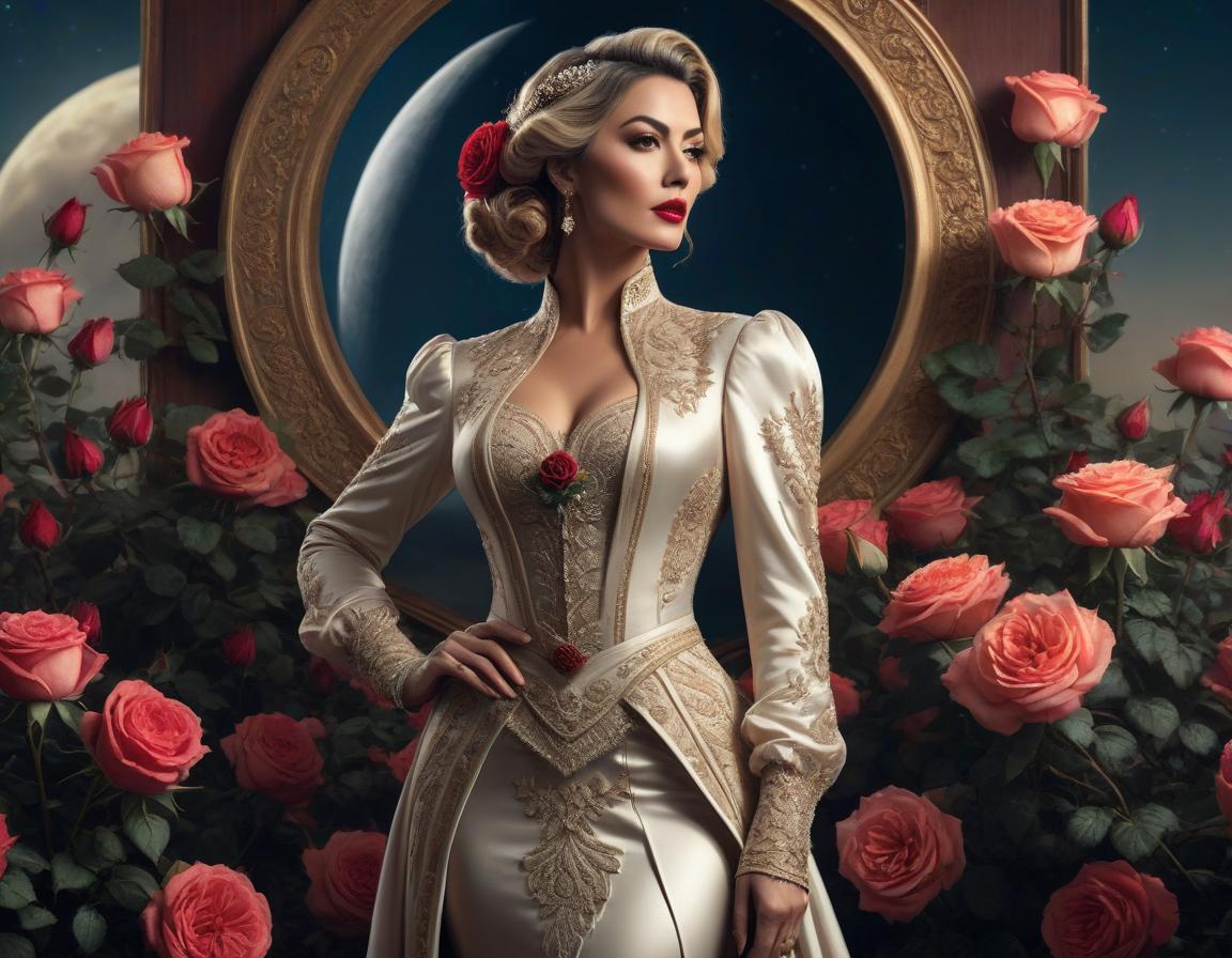  concept art An elaborate digital artwork of a woman in vintage attire with roses and a lunar backdrop. . digital artwork, illustrative, painterly, matte painting, highly detailed hyperrealistic, full body, detailed clothing, highly detailed, cinematic lighting, stunningly beautiful, intricate, sharp focus, f/1. 8, 85mm, (centered image composition), (professionally color graded), ((bright soft diffused light)), volumetric fog, trending on instagram, trending on tumblr, HDR 4K, 8K