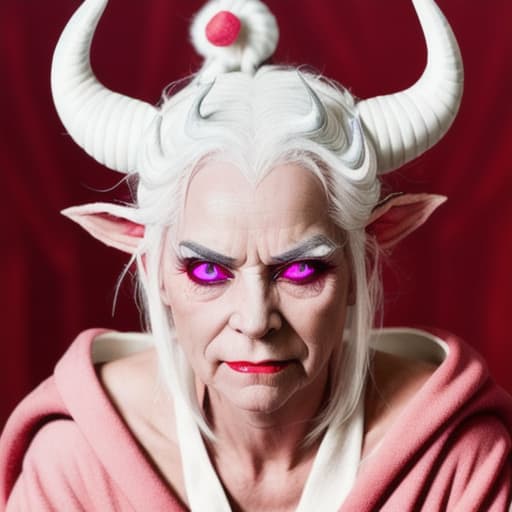  woman with white hair with horns, pink eyes, wearing a red robe