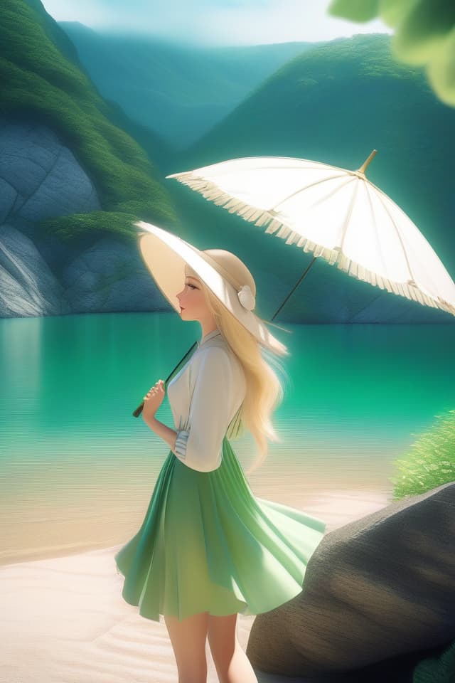  (Cute girl) ((Upper Body Only Close up)) Illustration Style, Beautiful Girl, Masterpiece, Beautiful Blonde Hair, Wearing Summer S, Holding White Parasol, Walking on Mountain, Fresh Green, MysterOUS EMERALD GREEN LAKE, Sandy Beach, High Quality, High Resolution, 8k, hyperrealistic, full body, detailed clothing, highly detailed, cinematic lighting, stunningly beautiful, intricate, sharp focus, f/1. 8, 85mm, (centered image composition), (professionally color graded), ((bright soft diffused light)), volumetric fog, trending on instagram, trending on tumblr, HDR 4K, 8K