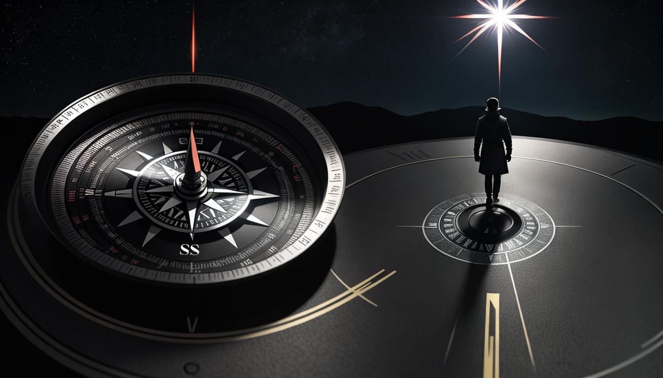  cinematic, aesthetic, A figure standing at the center of a compass, directions labeled with values, navigation, directional, 4k, HDR, lens flare