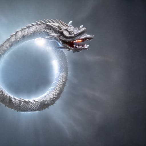 redshift style silver Japanese dragon spiraling out of a black hole