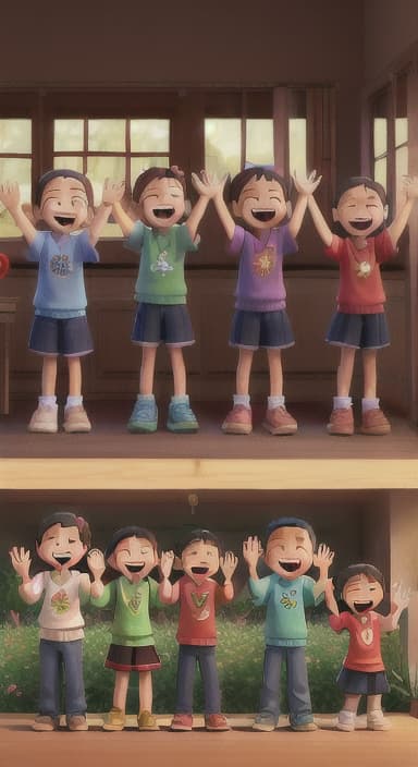  {A heartwarming scene of all the children waving goodbye with happy expressions., Children waving with wide smiles, looking grateful and content.