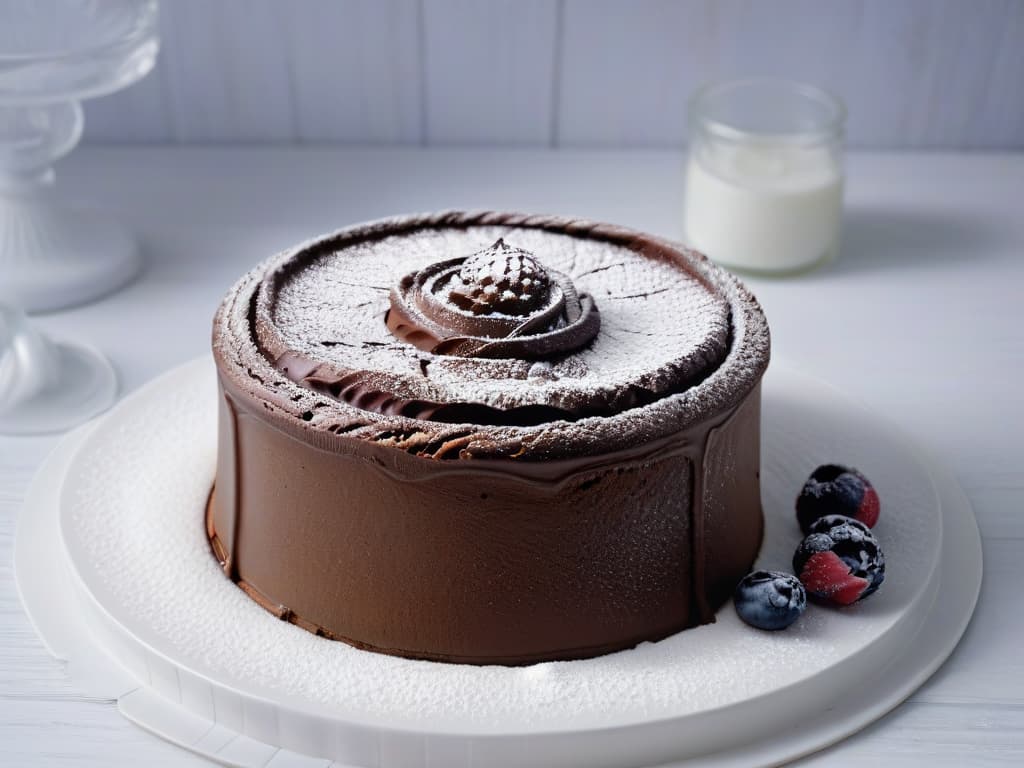  A closeup, ultradetailed image of a perfectly risen chocolate soufflé straight out of the oven, showcasing a rich, velvety texture with a dusting of powdered sugar on top. The soufflé is set against a sleek, modern backdrop, emphasizing its decadent appeal and inviting presentation. hyperrealistic, full body, detailed clothing, highly detailed, cinematic lighting, stunningly beautiful, intricate, sharp focus, f/1. 8, 85mm, (centered image composition), (professionally color graded), ((bright soft diffused light)), volumetric fog, trending on instagram, trending on tumblr, HDR 4K, 8K