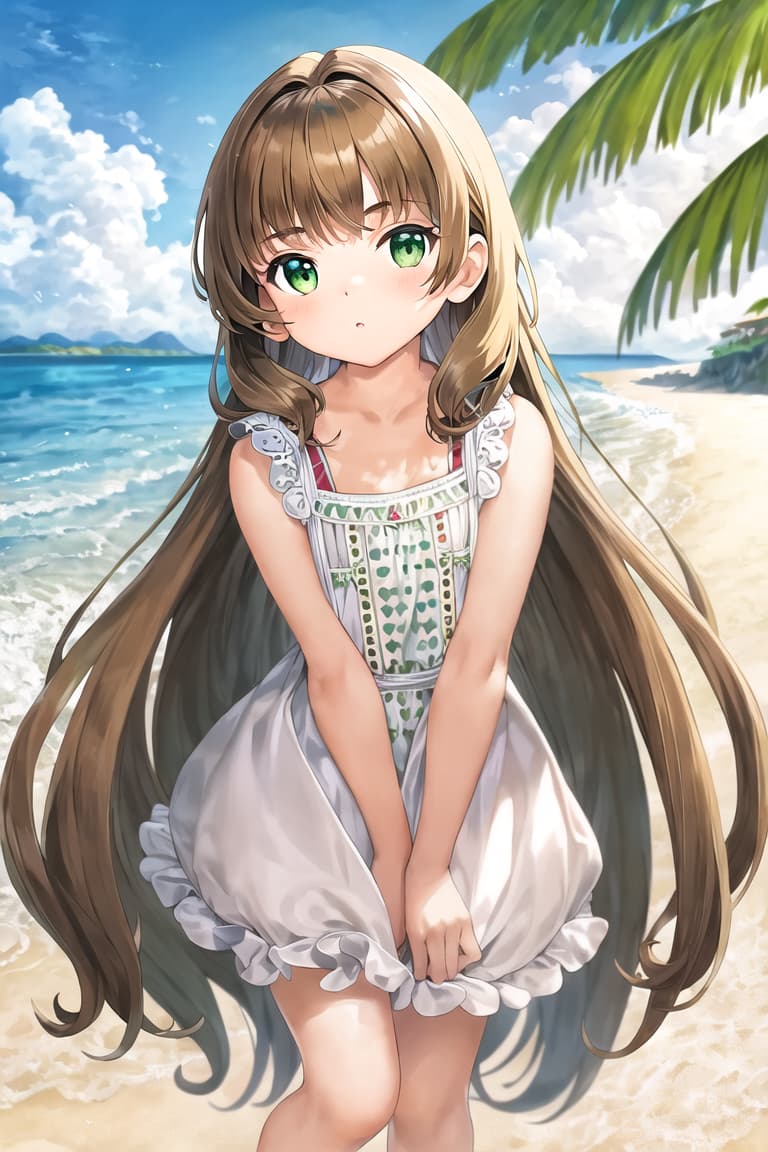  master piece , best quality,Long brown hair, green eyes, big s, fascinating age, fascinating , micro with cute frills, T bag, , background beach, big s, fascinating age, face