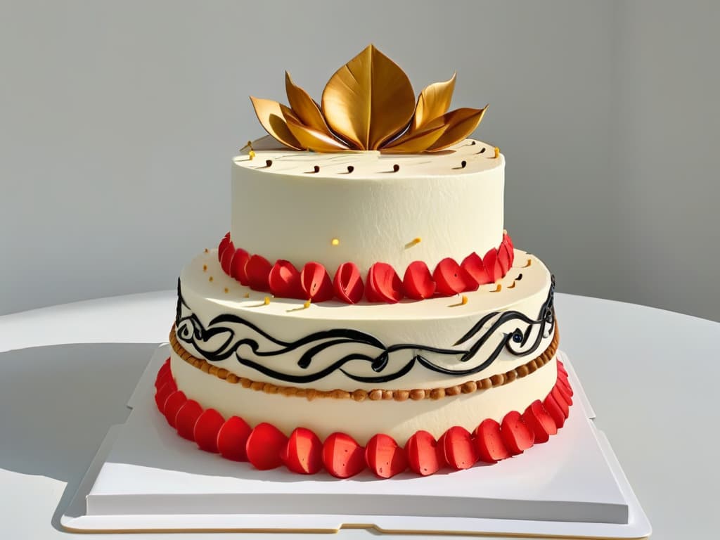  A highresolution, minimalist image of a beautifully decorated cake with intricate patterns and designs inspired by African art and culture. The cake should be displayed on a simple, elegant white platter against a clean, uncluttered background to highlight the details of the decorations and emphasize the fusion of African influences in global desserts. hyperrealistic, full body, detailed clothing, highly detailed, cinematic lighting, stunningly beautiful, intricate, sharp focus, f/1. 8, 85mm, (centered image composition), (professionally color graded), ((bright soft diffused light)), volumetric fog, trending on instagram, trending on tumblr, HDR 4K, 8K