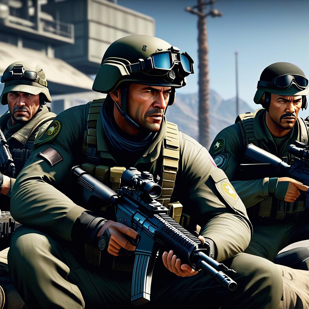  cinematic film still The images should be of maximum quality. On the image, characters from the computer game Call of Duty should be placed, who are sitting, aiming at the gun scope and reconnoitering the enemy while wearing official military gear of the future, shielding each other from enemies. Characters from the computer game GTA Online should also be present, who are looking at the camera and holding weapons, typical of street gangs, and characters from computer games Resident Evil 8 and The Quarry should also be present, who should be arranged behind the others and appear threatening, as if they want to attack the characters in this photo. All characters should face the image. The background for this image should be depressing and, a hyperrealistic, full body, detailed clothing, highly detailed, cinematic lighting, stunningly beautiful, intricate, sharp focus, f/1. 8, 85mm, (centered image composition), (professionally color graded), ((bright soft diffused light)), volumetric fog, trending on instagram, trending on tumblr, HDR 4K, 8K