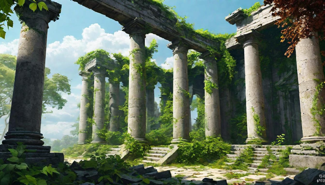  digital illustration, Crumbled remains of ancient structures, pillars and ruins symbolizing the fall of old systems, overgrown with wild plants and greenery, nature reclaiming dominance, hope, renewal, looking at viewer, dynamic pose, (intricate details, masterpiece, best quality)