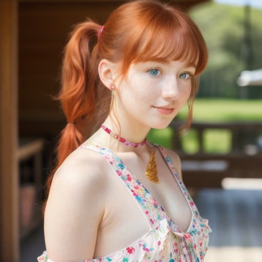  (masterpiece, best quality), 1girl, collarbone, wavy hair, looking at viewer, blurry, upper body, necklace, suspenders, floral print, ponytail, freckles, red hair, sunlight,