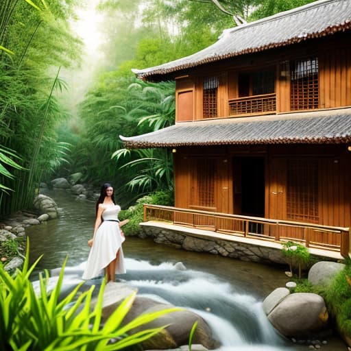  A beautiful girl next to a small bamboo house and a river flowing through hyperrealistic, full body, detailed clothing, highly detailed, cinematic lighting, stunningly beautiful, intricate, sharp focus, f/1. 8, 85mm, (centered image composition), (professionally color graded), ((bright soft diffused light)), volumetric fog, trending on instagram, trending on tumblr, HDR 4K, 8K