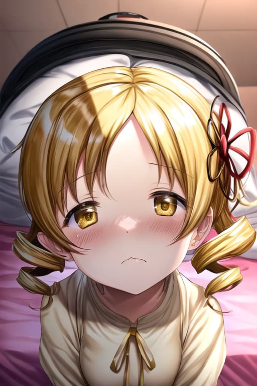  tomoe mami,in puella magi madoka magica style ,short long hair,bangs are side parted hair,yellow hair,drill hair,tie her hair low at the back of her head,wearing tight,yellow neck ribbon,mini cap,large,,vacuum fellatio,:>=,,fellatio,view from above,face focus,1 man,1 long,head grab by hand,ejaculate on face,on hair,background of bed room,