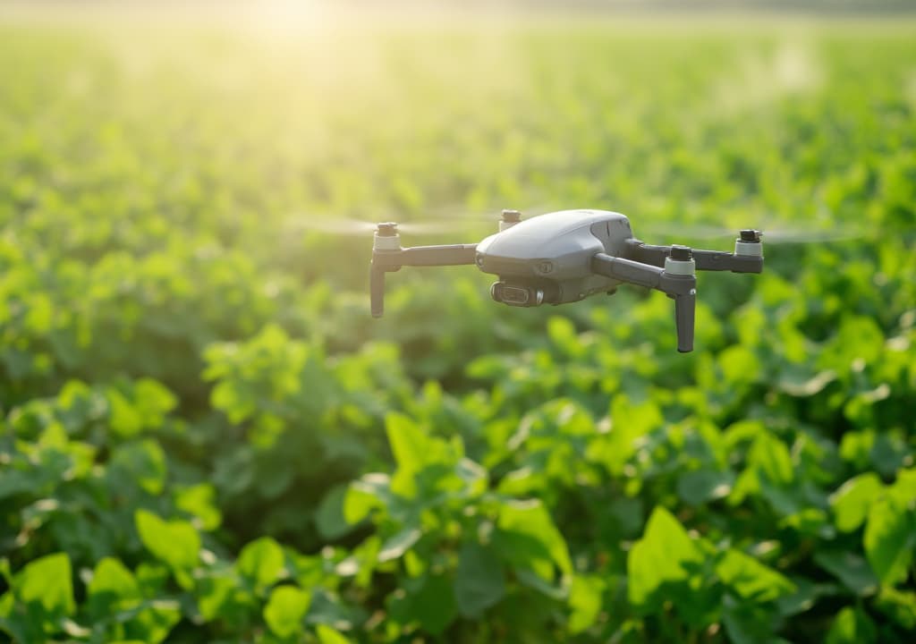  good quality, high quality, sleek agricultural drone hovering over vibrant green crop field hightech sensors glowing misty morning light futuristic farming landscape