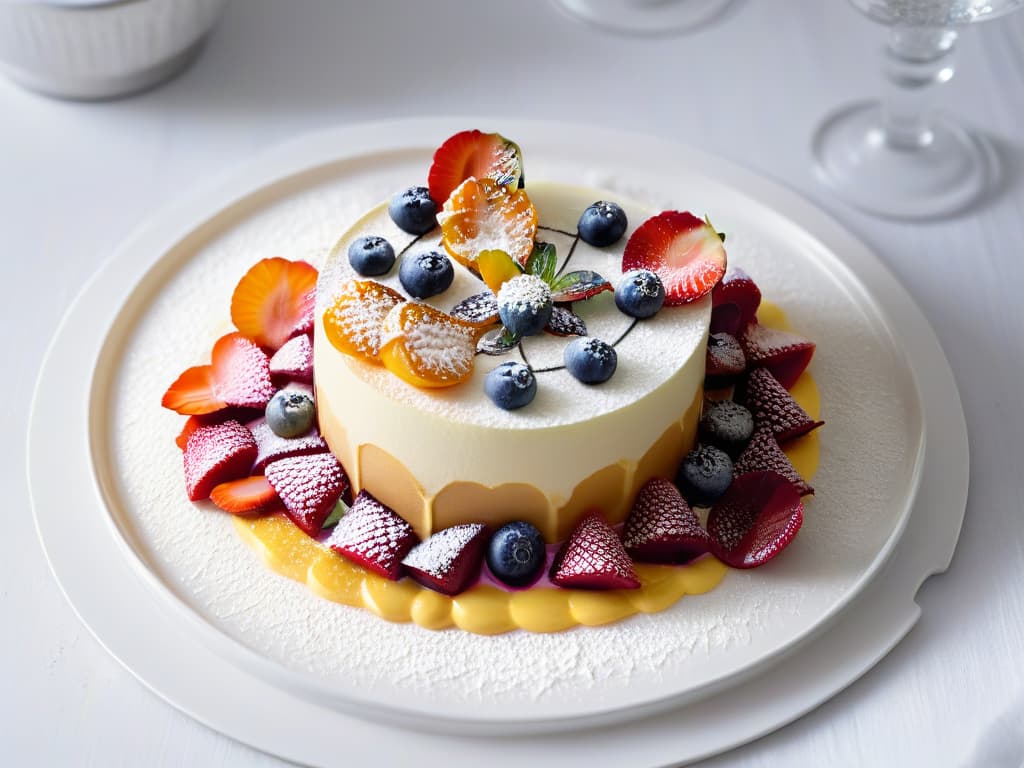  A photorealistic image of a delicate, intricately plated dessert on a pristine white plate, surrounded by vibrant edible flowers, dusted with powdered sugar, and drizzled with a glossy fruit coulis. The dessert is a multilayered creation with precise placements of each component, showcasing a balance of colors, textures, and flavors. The lighting highlights the dessert's details, casting soft shadows that add depth to the presentation. hyperrealistic, full body, detailed clothing, highly detailed, cinematic lighting, stunningly beautiful, intricate, sharp focus, f/1. 8, 85mm, (centered image composition), (professionally color graded), ((bright soft diffused light)), volumetric fog, trending on instagram, trending on tumblr, HDR 4K, 8K