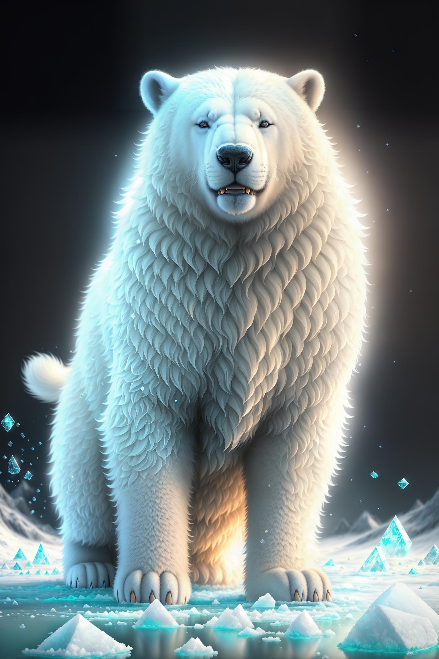  polar bear,(white fur),(large stature),(gentle and friendly eyes),(optimistic demeanor:1.5),(cheerful expression),(joyful posture),(playing),(wearing recycling symbol),(arctic landscape:1),(icebergs),(frozen tundra),(floating ice chunks),(melting glaciers),(biodiversity coexistence:0.7),(penguins:0.5),(seals:0.5), hyperrealistic, full body, detailed clothing, highly detailed, cinematic lighting, stunningly beautiful, intricate, sharp focus, f/1. 8, 85mm, (centered image composition), (professionally color graded), ((bright soft diffused light)), volumetric fog, trending on instagram, trending on tumblr, HDR 4K, 8K