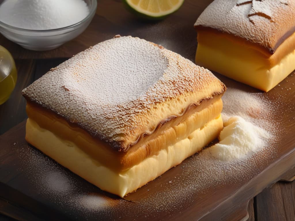  An ultradetailed closeup image of a goldenbrown, perfectly crispy Colombian buñuelo sprinkled with powdered sugar, resting on a rustic wooden table with soft natural light illuminating its textured surface, showcasing its intricate bubbles and crispy exterior. The contrast between the dark wooden background and the warm tones of the buñuelo creates a visually striking and appetizing composition that highlights the traditional Colombian delicacy in all its delicious glory. hyperrealistic, full body, detailed clothing, highly detailed, cinematic lighting, stunningly beautiful, intricate, sharp focus, f/1. 8, 85mm, (centered image composition), (professionally color graded), ((bright soft diffused light)), volumetric fog, trending on instagram, trending on tumblr, HDR 4K, 8K