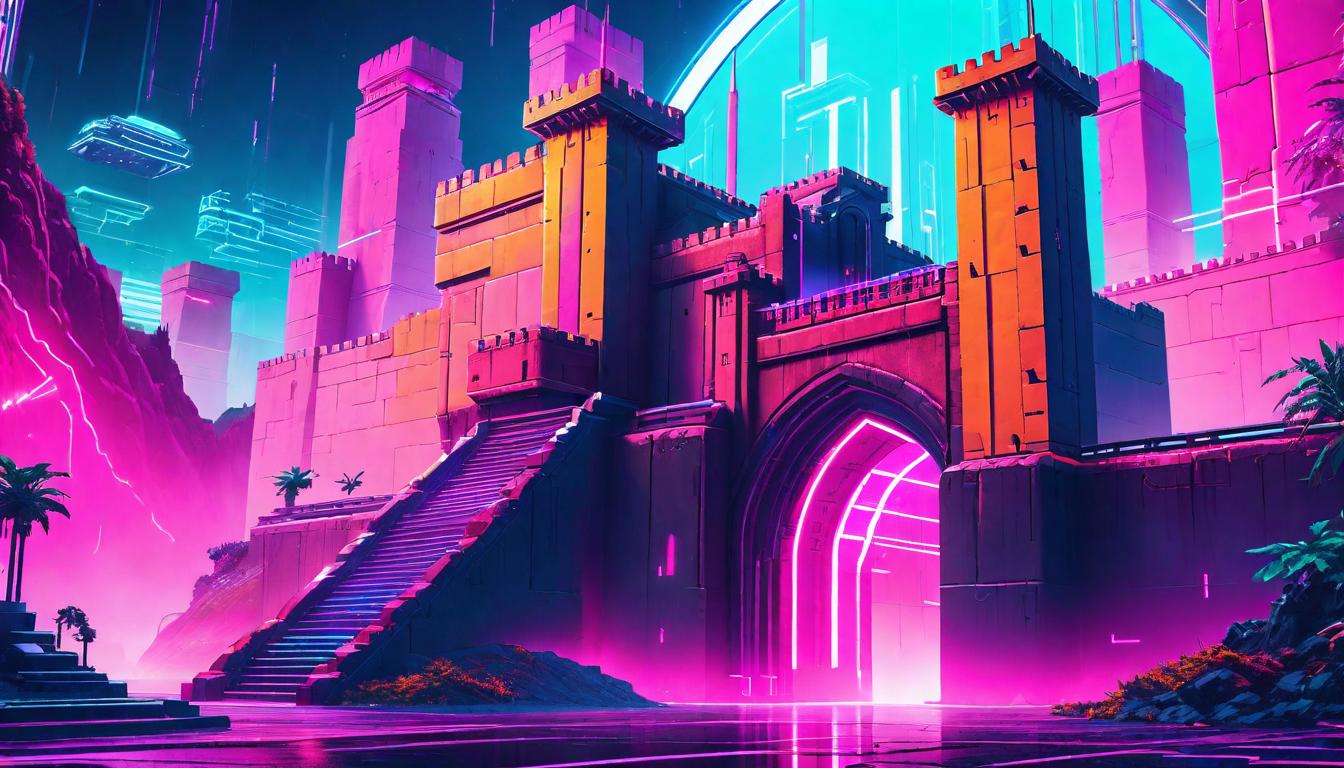  vaporwave,cyberpunk game style A fortress wall with a single, carefully protected gateway, metaphor for boundaries, protection of the inner sanctum, selective entryeon, dystopian, futuristic, digital, vibrant, detailed, high contrast, reminiscent of cyberpunk genre video games,retro aesthetic, cyberpunk, vibrant, neon colors, vintage 80s and 90s style, highly detailed