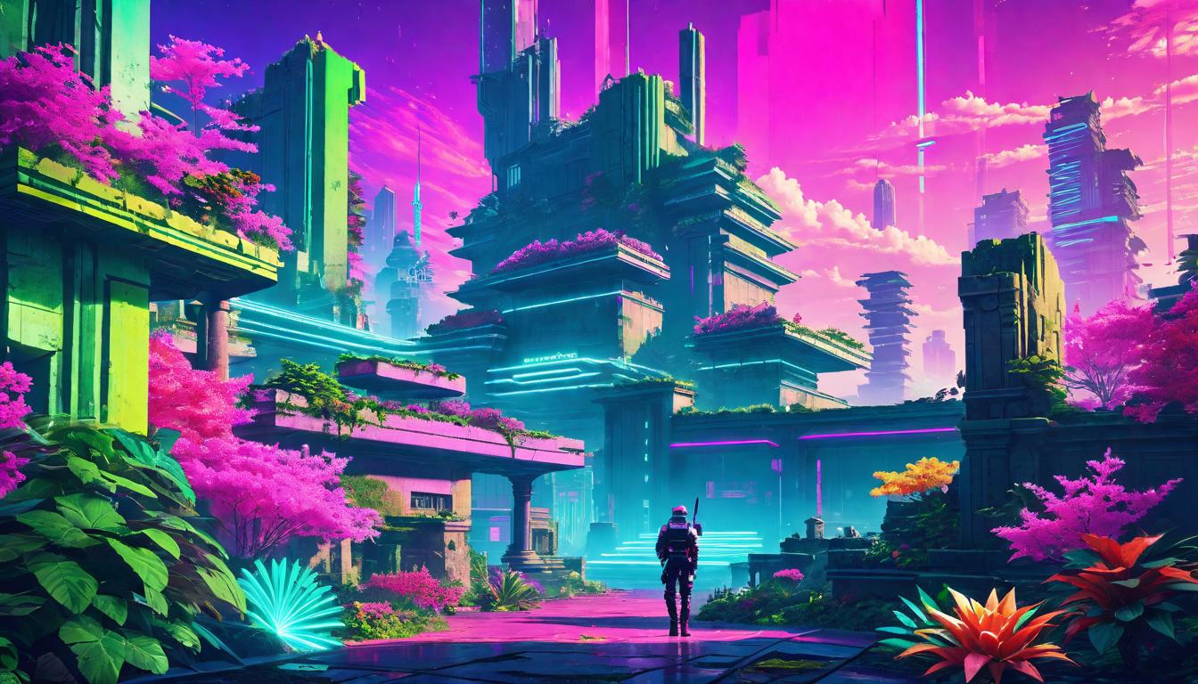  vaporwave,cyberpunk game style A flourishing garden in the ruins of a once great city, symbolizing renewal and a hopeful future. Mood: Regeneration, sustainable harmony.eon, dystopian, futuristic, digital, vibrant, detailed, high contrast, reminiscent of cyberpunk genre video games,retro aesthetic, cyberpunk, vibrant, neon colors, vintage 80s and 90s style, highly detailed