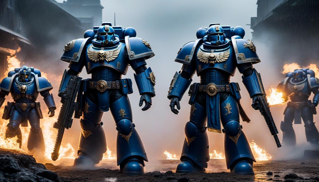  Warhammer 40K. Space Marines. Utramarines. on the battlefield. fire. smoke. rain. .full body.cinematic.Ultra realistic. 3D . Epic. high detail. perfect lighting. perfect contrast. perfect composition hyperrealistic, full body, detailed clothing, highly detailed, cinematic lighting, stunningly beautiful, intricate, sharp focus, f/1. 8, 85mm, (centered image composition), (professionally color graded), ((bright soft diffused light)), volumetric fog, trending on instagram, trending on tumblr, HDR 4K, 8K