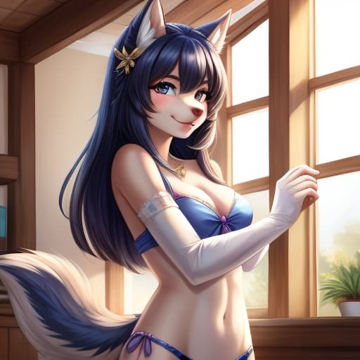  Furry wolf girl taking off her clothes, open eyes, digital art, masterpiece, 4k, fine details,