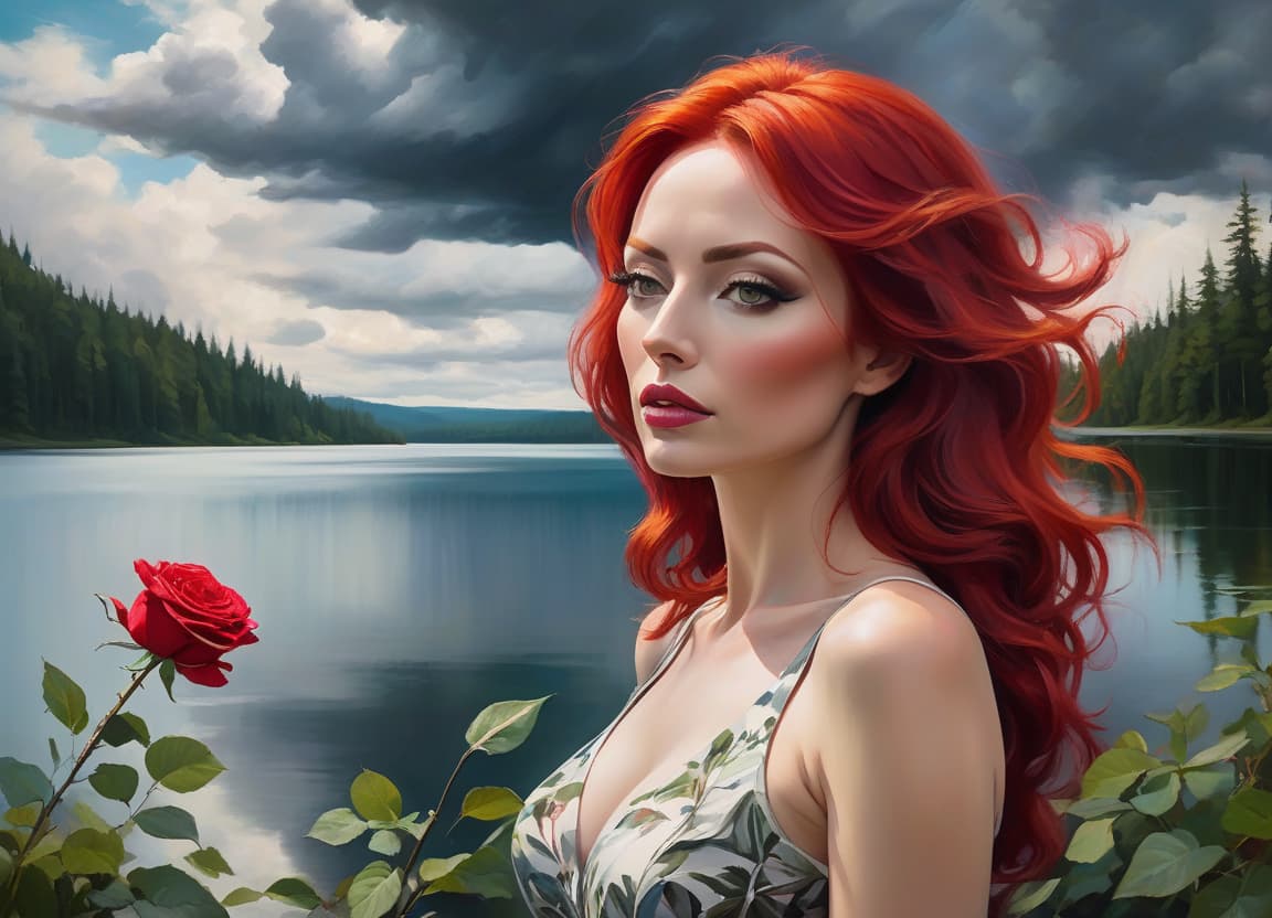  abstract expressionist painting A woman with red hair holding a rose stands before a serene lake and forest under a dramatic cloudy sky. . energetic brushwork, bold colors, abstract forms, expressive, emotional hyperrealistic, full body, detailed clothing, highly detailed, cinematic lighting, stunningly beautiful, intricate, sharp focus, f/1. 8, 85mm, (centered image composition), (professionally color graded), ((bright soft diffused light)), volumetric fog, trending on instagram, trending on tumblr, HDR 4K, 8K