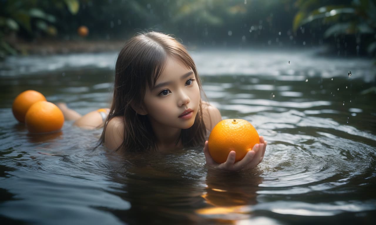  Around the little girl lying in the water, with long legs, grow oranges, dripping juice hyperrealistic, full body, detailed clothing, highly detailed, cinematic lighting, stunningly beautiful, intricate, sharp focus, f/1. 8, 85mm, (centered image composition), (professionally color graded), ((bright soft diffused light)), volumetric fog, trending on instagram, trending on tumblr, HDR 4K, 8K