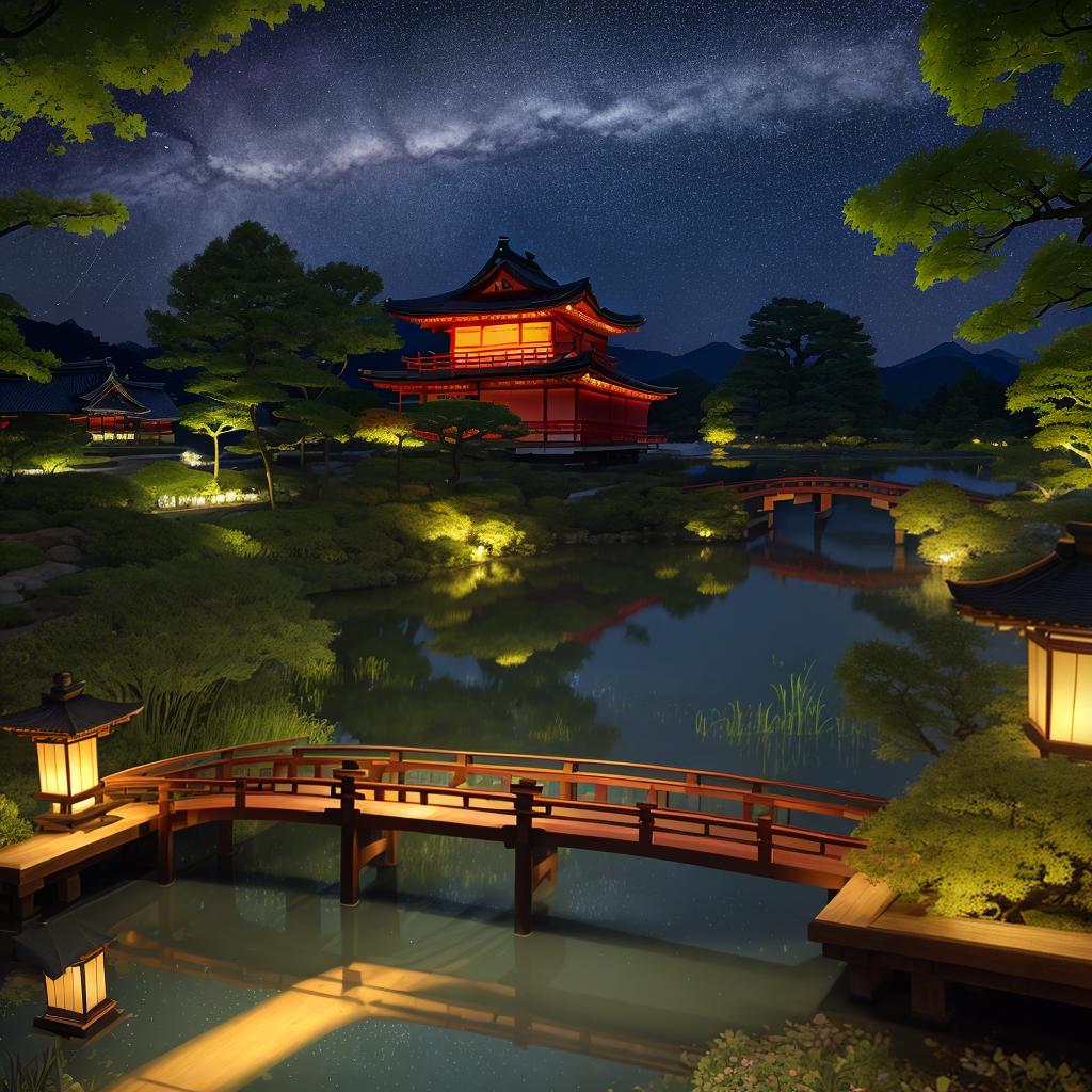  masterpiece, best quality,(fidelity: 1.4), best quality, masterpiece, ultra high resolution, 8k resolution, night view inspired by Japanese art, featuring a garden illuminated by paper lanterns and a wooden bridge spanning a tranquil lake with a small Zen temple by the lake. The water reflects the stars.