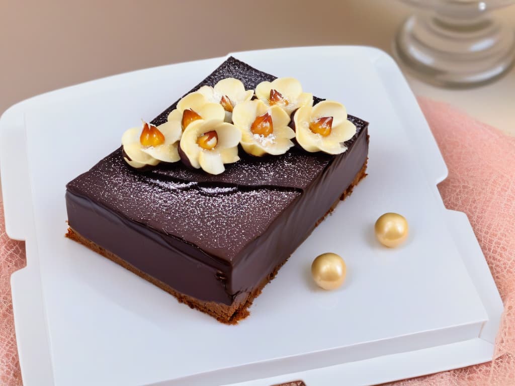  A closeup, ultradetailed image of a decadent chocolate and macadamia nut tart, showcasing the rich, glossy texture of the chocolate ganache filling studded with perfectly toasted macadamia nuts, all set on a sleek, minimalist white porcelain dessert plate. hyperrealistic, full body, detailed clothing, highly detailed, cinematic lighting, stunningly beautiful, intricate, sharp focus, f/1. 8, 85mm, (centered image composition), (professionally color graded), ((bright soft diffused light)), volumetric fog, trending on instagram, trending on tumblr, HDR 4K, 8K