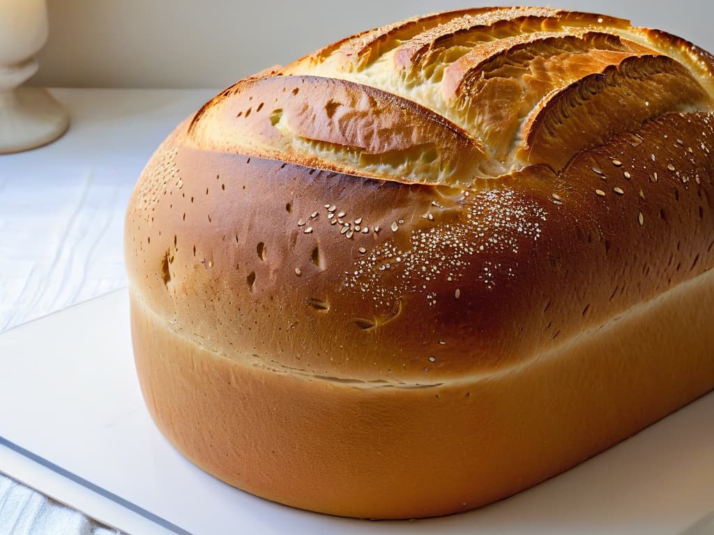  A closeup, ultradetailed image of a perfectly risen and goldenbrown sourdough bread loaf, fresh out of the oven. The crust of the bread is beautifully scored, revealing a soft, airy crumb with irregular air pockets throughout. The lighting is warm and inviting, highlighting the texture and color variations of the crust. The background is a simple, neutral backdrop, emphasizing the intricate details of the bread. hyperrealistic, full body, detailed clothing, highly detailed, cinematic lighting, stunningly beautiful, intricate, sharp focus, f/1. 8, 85mm, (centered image composition), (professionally color graded), ((bright soft diffused light)), volumetric fog, trending on instagram, trending on tumblr, HDR 4K, 8K