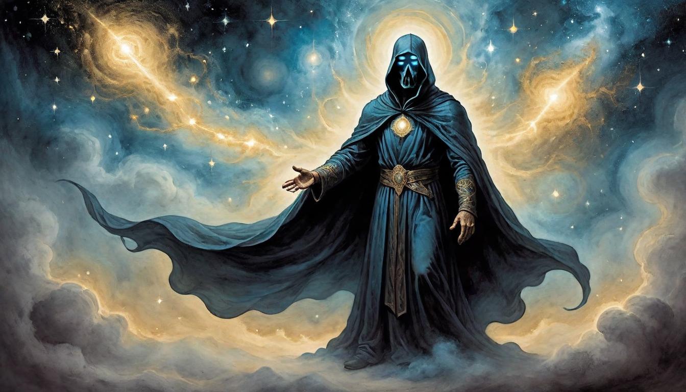  on parchment, surrealism+++, An otherworldly figure emerges from a shroud of cosmic dust, body emanating sparks of divine light. Figure stands in a void, sparks illuminating the nebula behind, embodiment of essence, serene power, ethereal presence(mysterious, provocative, symbolic,muted color)+++