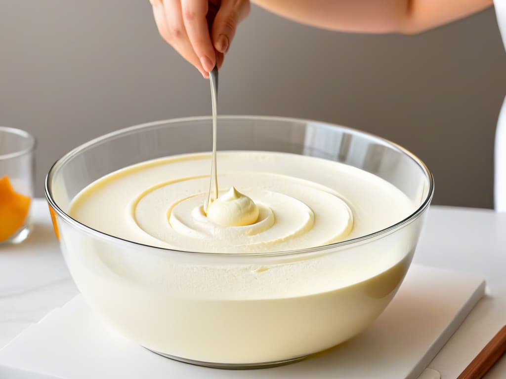  An ultradetailed closeup image of a hand whisking together a creamy mascarpone mixture in a sleek, modern glass mixing bowl. The focus is on the intricate swirls formed by the blending ingredients, showcasing the glossy texture and rich consistency of the tiramisù base. The background is softly blurred, emphasizing the simplicity and elegance of the minimalistic kitchen setting, with subtle hints of natural light enhancing the visual appeal of the process. hyperrealistic, full body, detailed clothing, highly detailed, cinematic lighting, stunningly beautiful, intricate, sharp focus, f/1. 8, 85mm, (centered image composition), (professionally color graded), ((bright soft diffused light)), volumetric fog, trending on instagram, trending on tumblr, HDR 4K, 8K