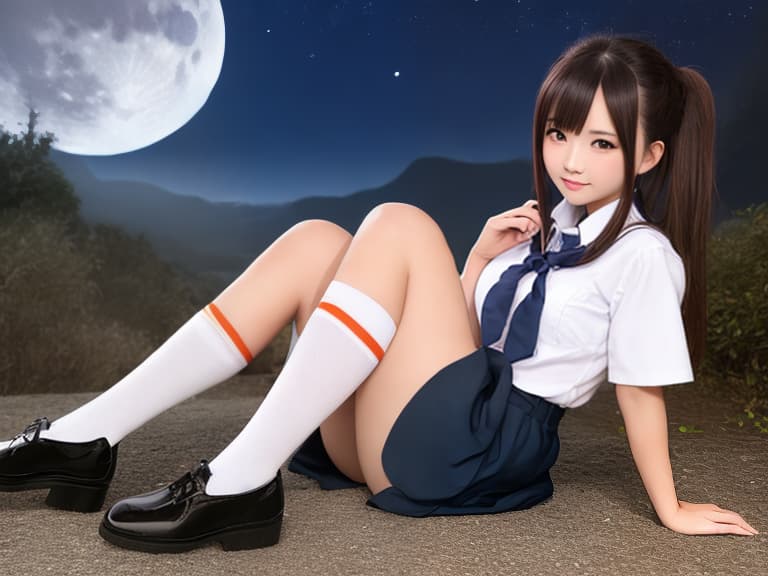  School Girl Full Length High Socks Evening Moonlight Night Magical Girl Girl School Uniform