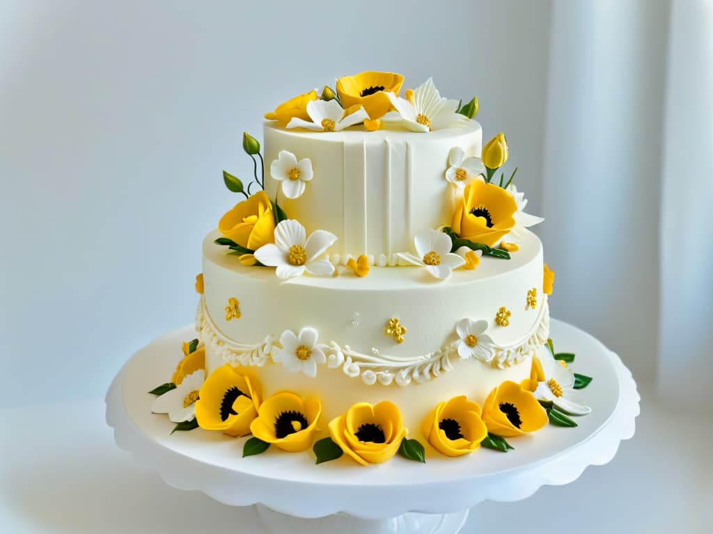  An ultradetailed closeup image of a perfectly frosted and decorated threetiered cake, featuring intricate piping work, delicate sugar flowers, and shimmering edible gold accents. The cake is displayed on a sleek, white marble cake stand, set against a softly blurred background to emphasize the meticulous artistry and craftsmanship involved in creating a showstopping confection. hyperrealistic, full body, detailed clothing, highly detailed, cinematic lighting, stunningly beautiful, intricate, sharp focus, f/1. 8, 85mm, (centered image composition), (professionally color graded), ((bright soft diffused light)), volumetric fog, trending on instagram, trending on tumblr, HDR 4K, 8K