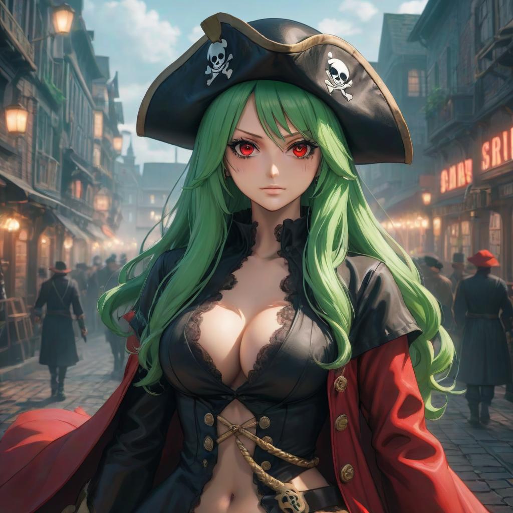  one piece girl with red eyes and green long hair. pirate. medic. black clothes and red coat hyperrealistic, full body, detailed clothing, highly detailed, cinematic lighting, stunningly beautiful, intricate, sharp focus, f/1. 8, 85mm, (centered image composition), (professionally color graded), ((bright soft diffused light)), volumetric fog, trending on instagram, trending on tumblr, HDR 4K, 8K