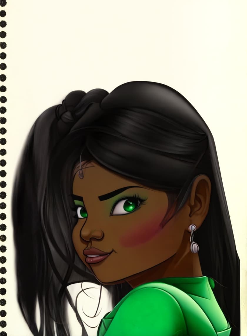  dark skinned kelly hu a disney jasmin wearing a green sleeveless dress with green eyes drawn in the style of 2-d disney animation