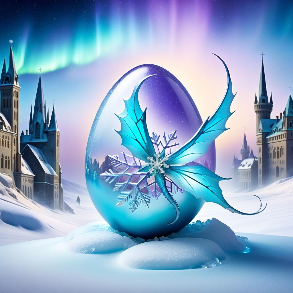  metropolis themed Among the polar ice in a cracked egg sits a small dragon with a fiery golden body, turquoise blue eyes and lilac purple wings and looks at a graceful white and cream snowflake. (Cracked Egg):pastel colours from pale blue to pearlescent with blue streaks of ice. (Background):polar night, northern lights, falling snowflakes. . urban, cityscape, skyscrapers, modern, futuristic, highly detailed hyperrealistic, full body, detailed clothing, highly detailed, cinematic lighting, stunningly beautiful, intricate, sharp focus, f/1. 8, 85mm, (centered image composition), (professionally color graded), ((bright soft diffused light)), volumetric fog, trending on instagram, trending on tumblr, HDR 4K, 8K