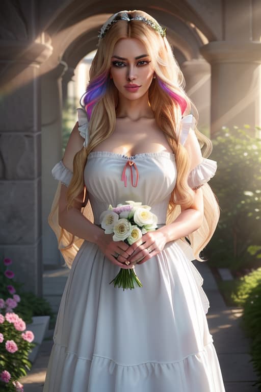  detailed and realistic portrait of a rapunzel maid 堕马髻发髻，红色浴衣,锦鲤鱼，水面反光，光脚玩水 long blonde disheveled hairs, multicolor mesmerizing eyes, soft natural lighting, portrait photography, magical photography, dramatic lighting, photo realism, ultra detailed, intimate portrait composition, flowers in background, Leica 50mm, f1. 4 hyperrealistic, full body, detailed clothing, highly detailed, cinematic lighting, stunningly beautiful, intricate, sharp focus, f/1. 8, 85mm, (centered image composition), (professionally color graded), ((bright soft diffused light)), volumetric fog, trending on instagram, trending on tumblr, HDR 4K, 8K