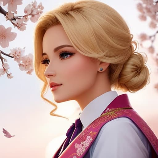  a beautiful lady with perfect face blond hair facing a flying sparrow unreal high quality. Background of Cherry blossom 🌸🌸🌸 flying petals everywhere unreal high quality
