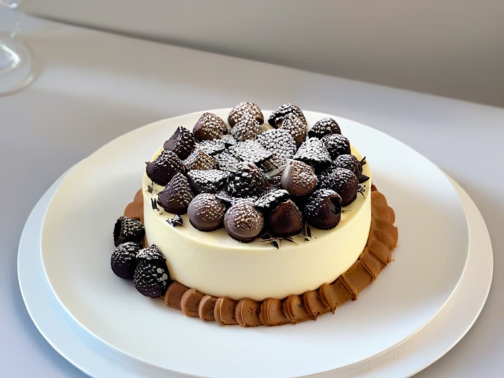  A closeup, ultradetailed image of a rich, velvety cheesecake topped with delicate shavings of luxurious black truffle, set on a sleek, modern white plate. The cheesecake is perfectly smooth and creamy, with a golden brown crust peeking out from underneath. The black truffle shavings glisten under a soft, ambient light, highlighting their unique texture and adding an air of sophistication to the decadent dessert. hyperrealistic, full body, detailed clothing, highly detailed, cinematic lighting, stunningly beautiful, intricate, sharp focus, f/1. 8, 85mm, (centered image composition), (professionally color graded), ((bright soft diffused light)), volumetric fog, trending on instagram, trending on tumblr, HDR 4K, 8K