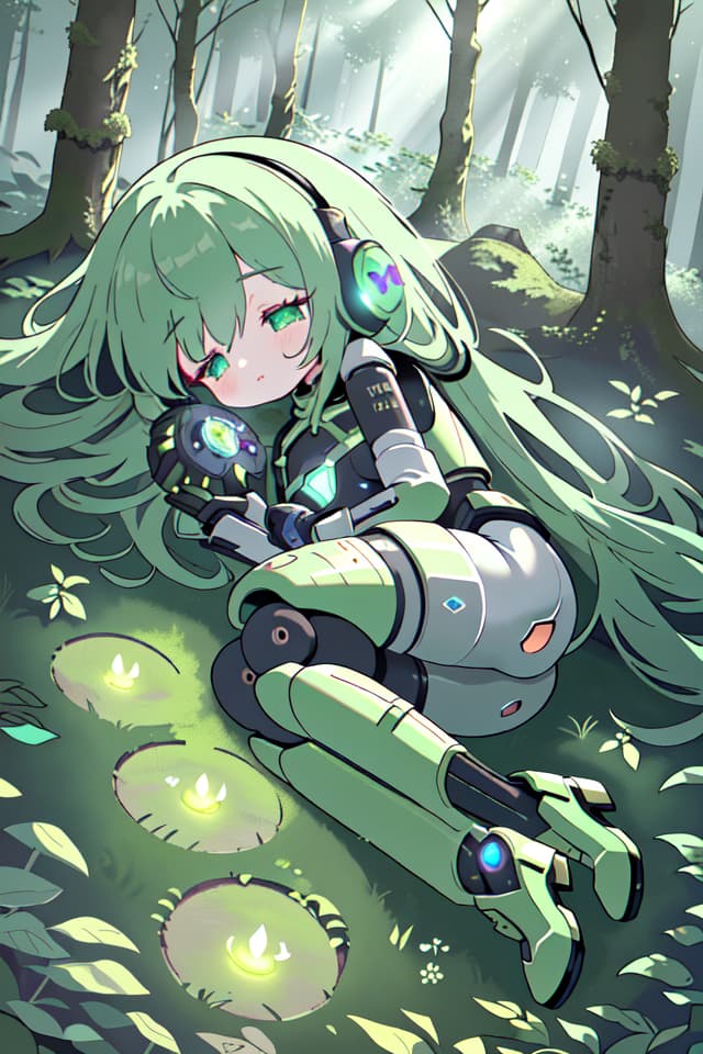  ((Mossy robot, broken robot girl lying in the forest, Half Opened Eyes Sleeping)), sprout, Green Hair 1 Girl, (Absurdress, masterpiece, ultimate quality), official art, aesthetic, (diffusion lighting, environment) Lighting), detailed skin texture, best shadow, very detail, colorful, 8k Wallpaper, Raw Photoristic Detailed, Dutch Angle, 💩, 💩, 💩, hyperrealistic, full body, detailed clothing, highly detailed, cinematic lighting, stunningly beautiful, intricate, sharp focus, f/1. 8, 85mm, (centered image composition), (professionally color graded), ((bright soft diffused light)), volumetric fog, trending on instagram, trending on tumblr, HDR 4K, 8K