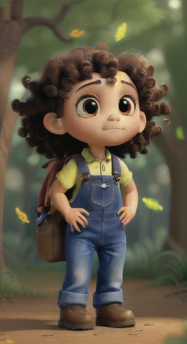  {The tree with a twinkling eye, while its leaves gently rustle., Riley, a curious with big brown eyes and curly hair, wearing overalls and carrying a small backpack. Their friend, Skye, a bluebird with shiny feathers.